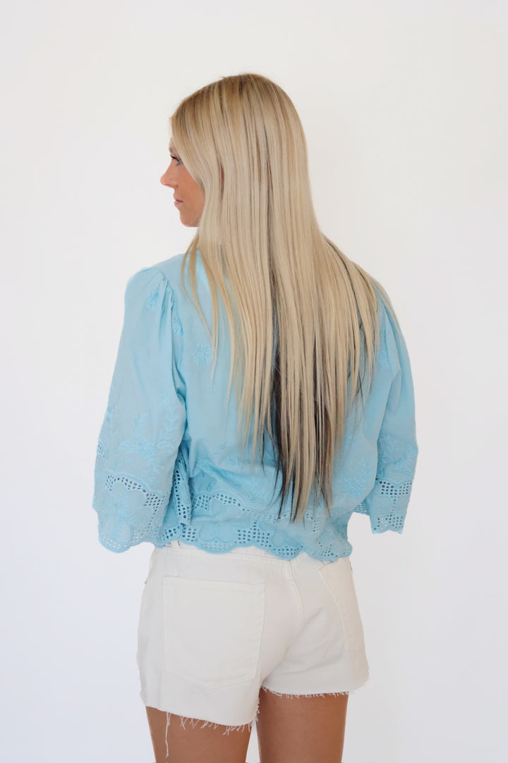 Daisy Tie Front Blouse- Sky