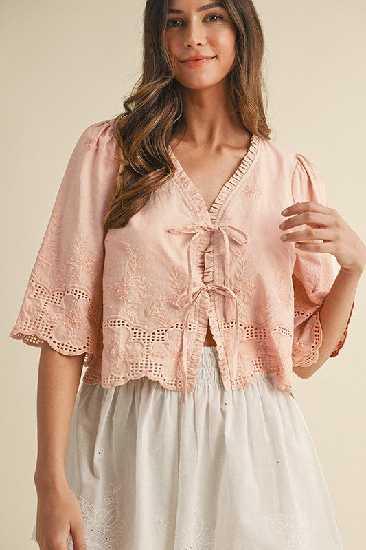 Daisy Tie Front Blouse- Oatmeal