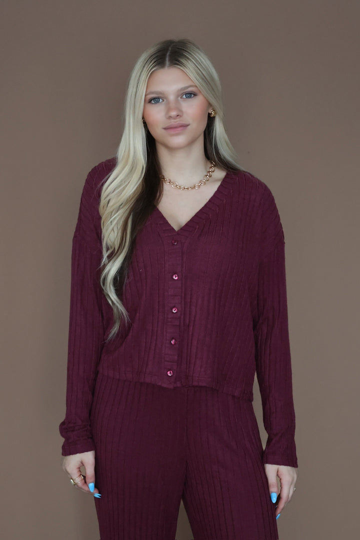 Mara Rib Cardigan- Merlot