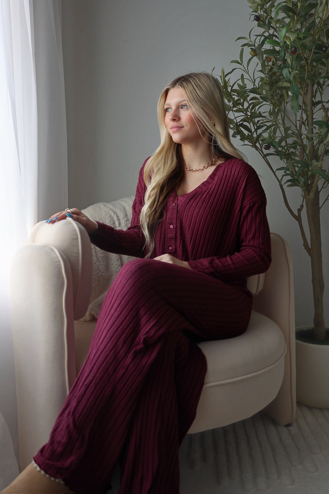 Mara Rib Cardigan- Merlot