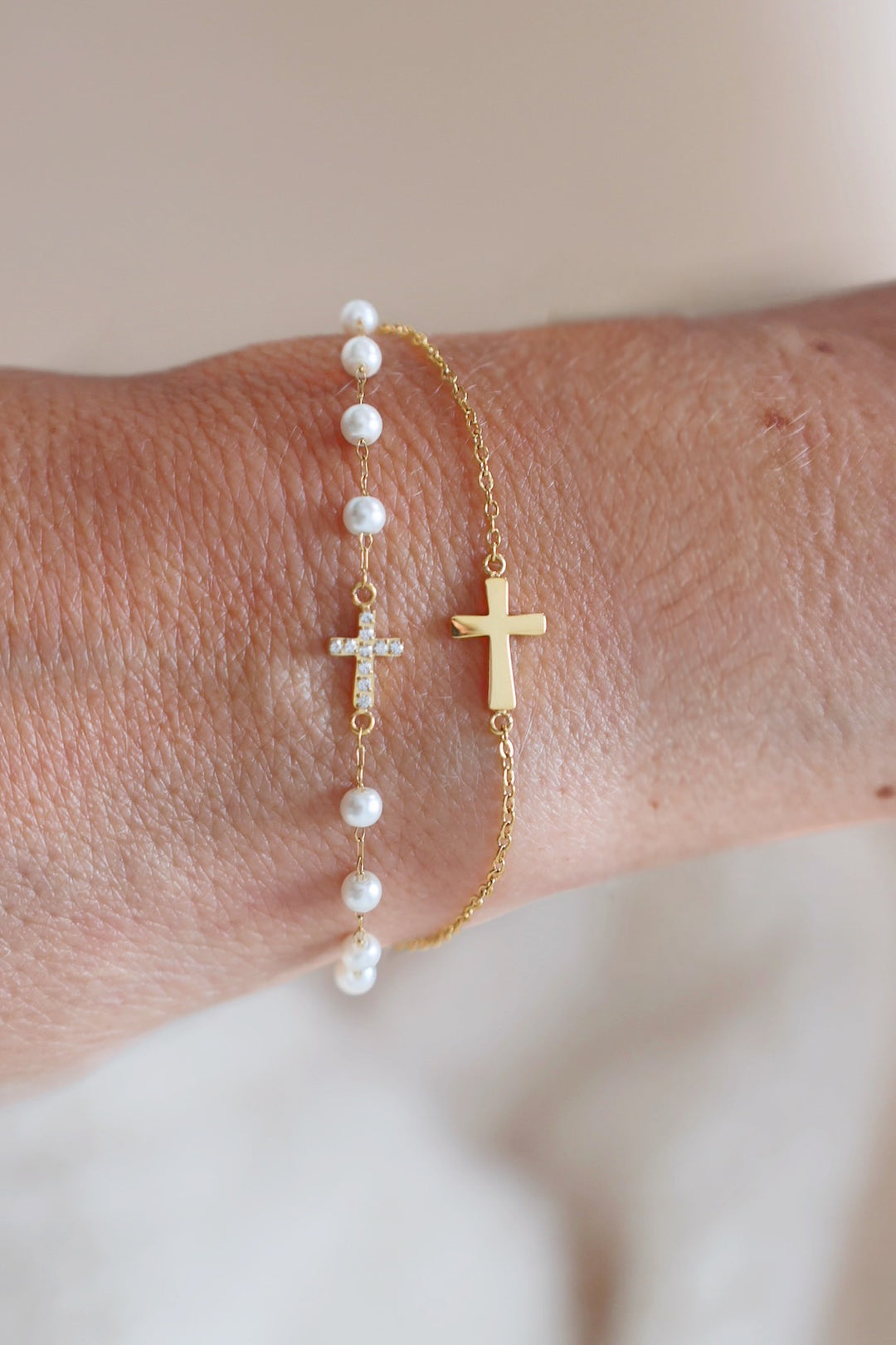 Cross & Pearl Layered Bracelet