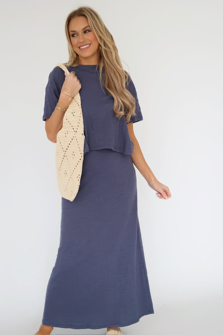 Delavine Textured Midi Skirt - Worn Blue-(FINAL SALE)