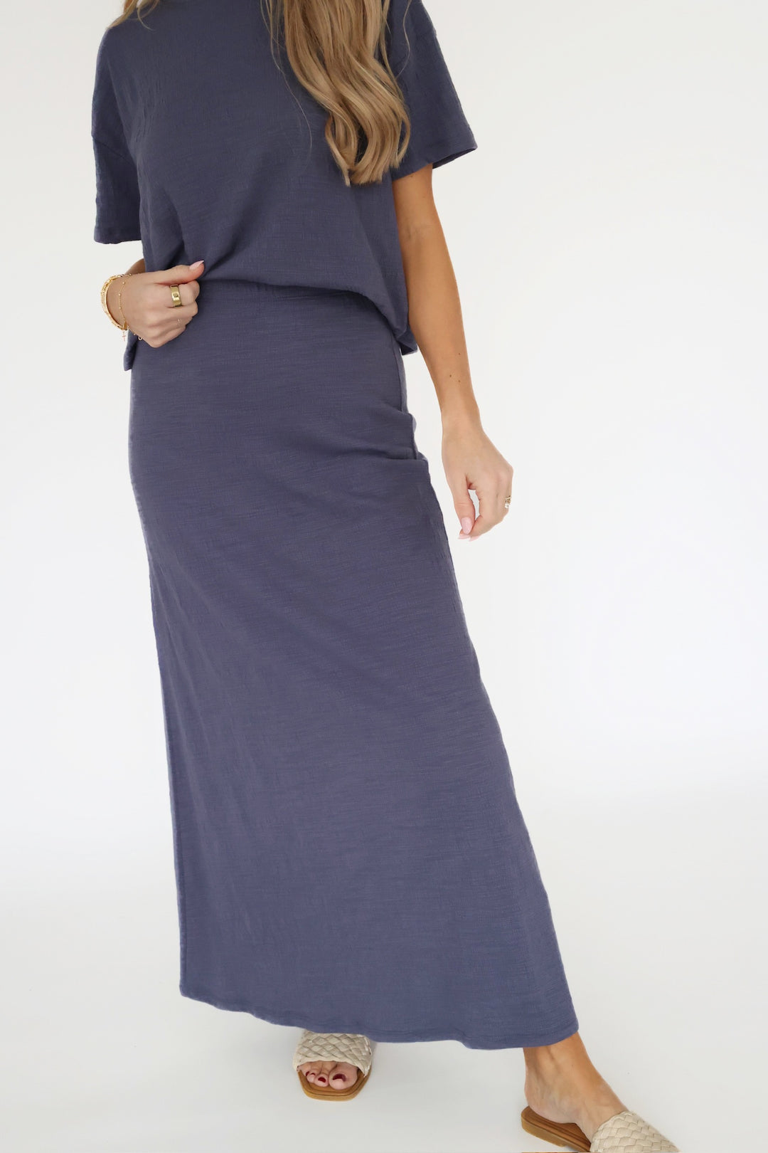 Delavine Textured Midi Skirt - Worn Blue-(FINAL SALE)