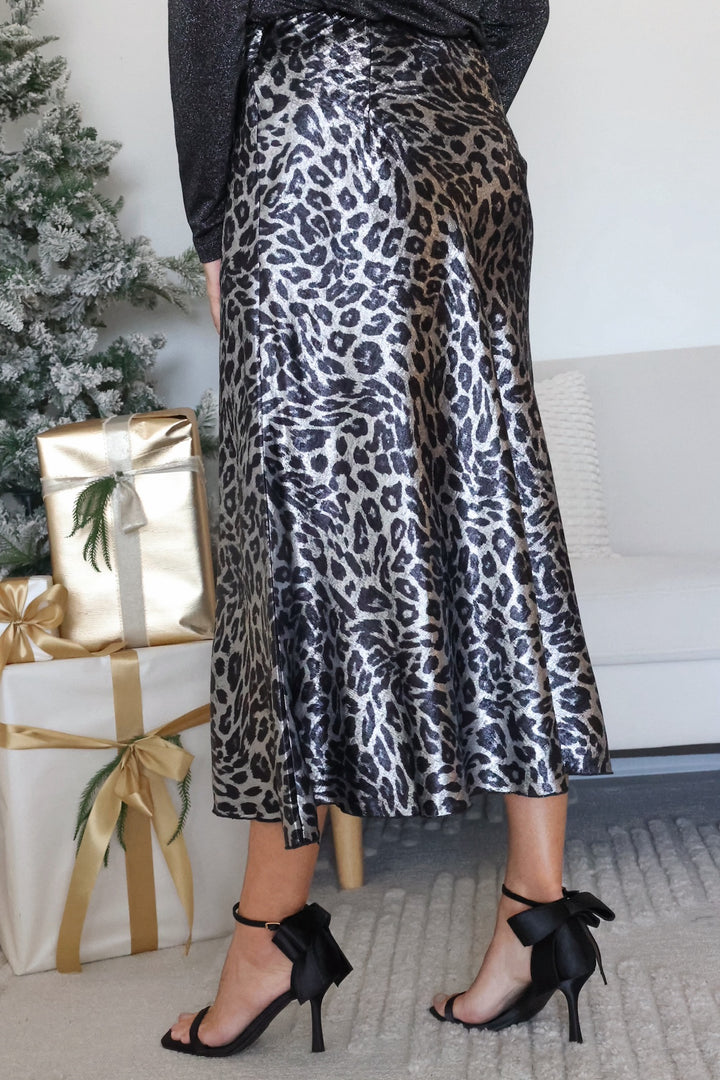 Aspen Satin Midi Skirt - Grey Leopard