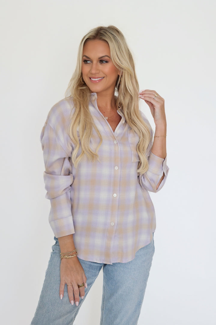River Plaid Button Up - Lavender Ice