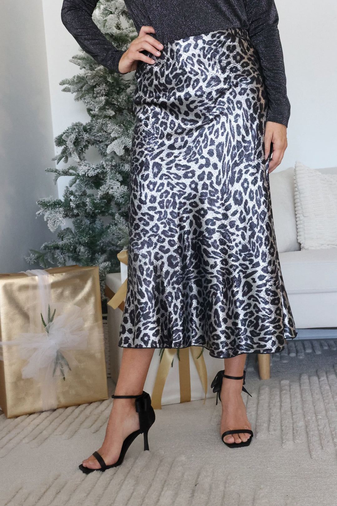 Aspen Satin Midi Skirt - Grey Leopard