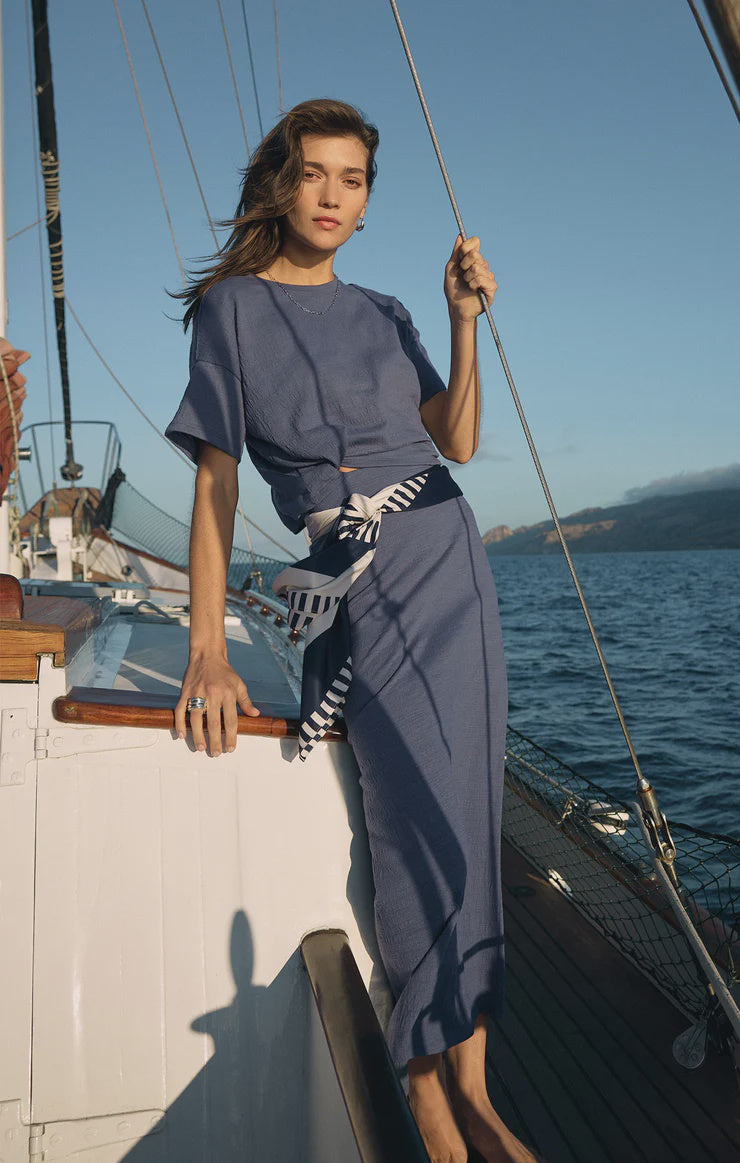 Delavine Textured Midi Skirt - Worn Blue-(FINAL SALE)