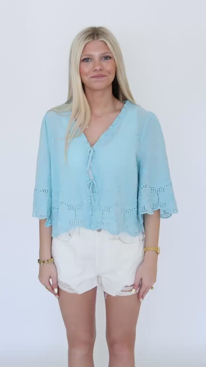 Daisy Tie Front Blouse- Sky