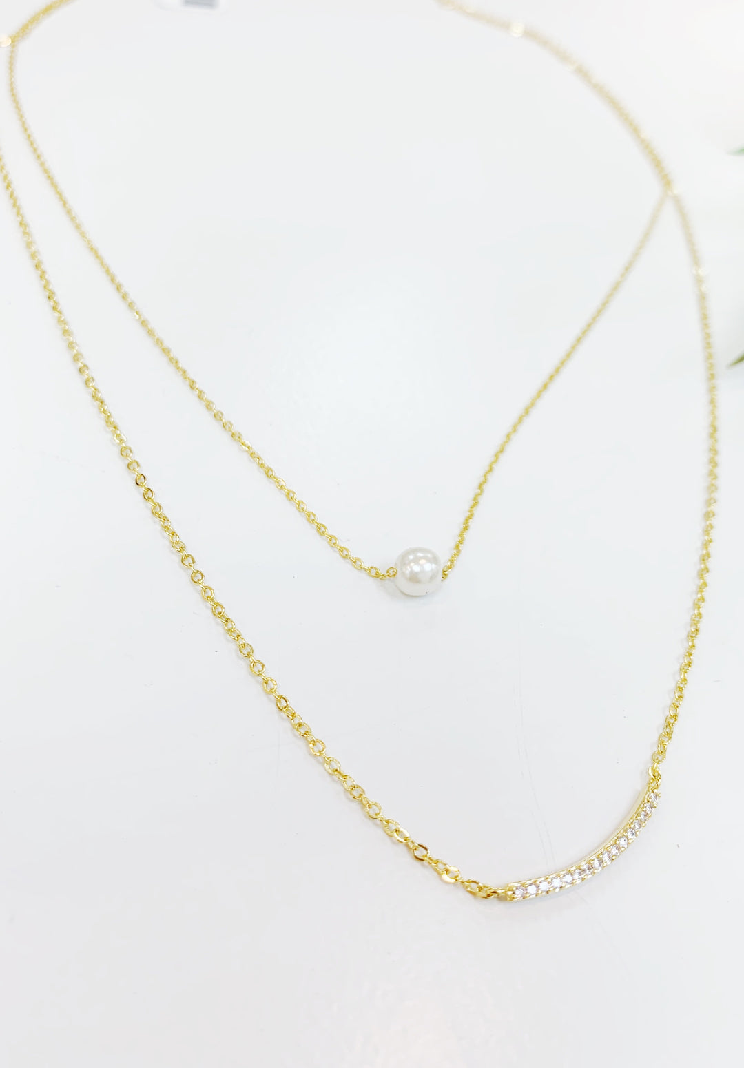 CZ Curved Bar & Pearl Layer Necklace