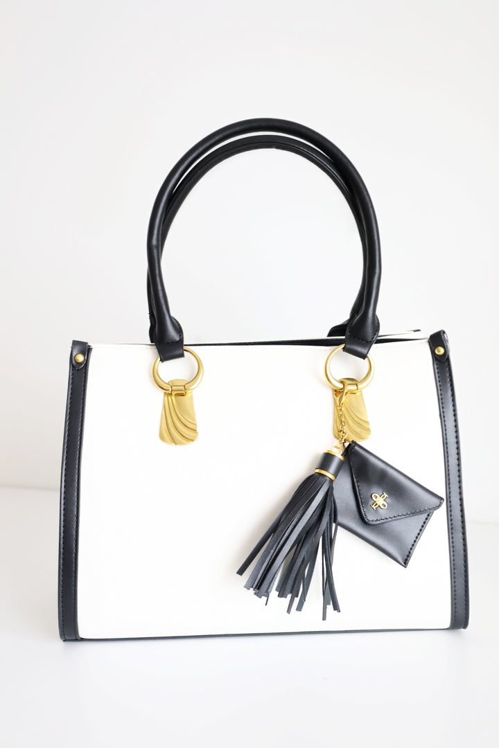 Tessa Tassel Tote Bag - White/Black