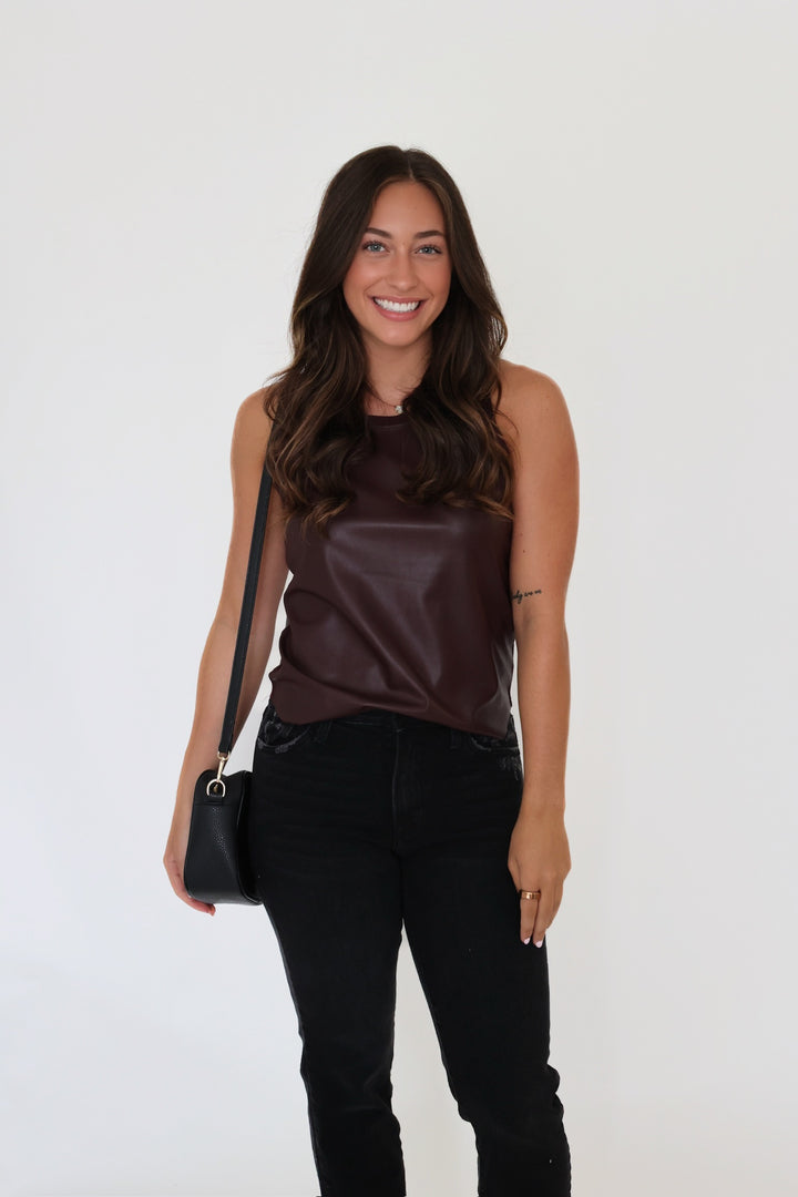 Carmela Vegan Leather Tank- Chocolate