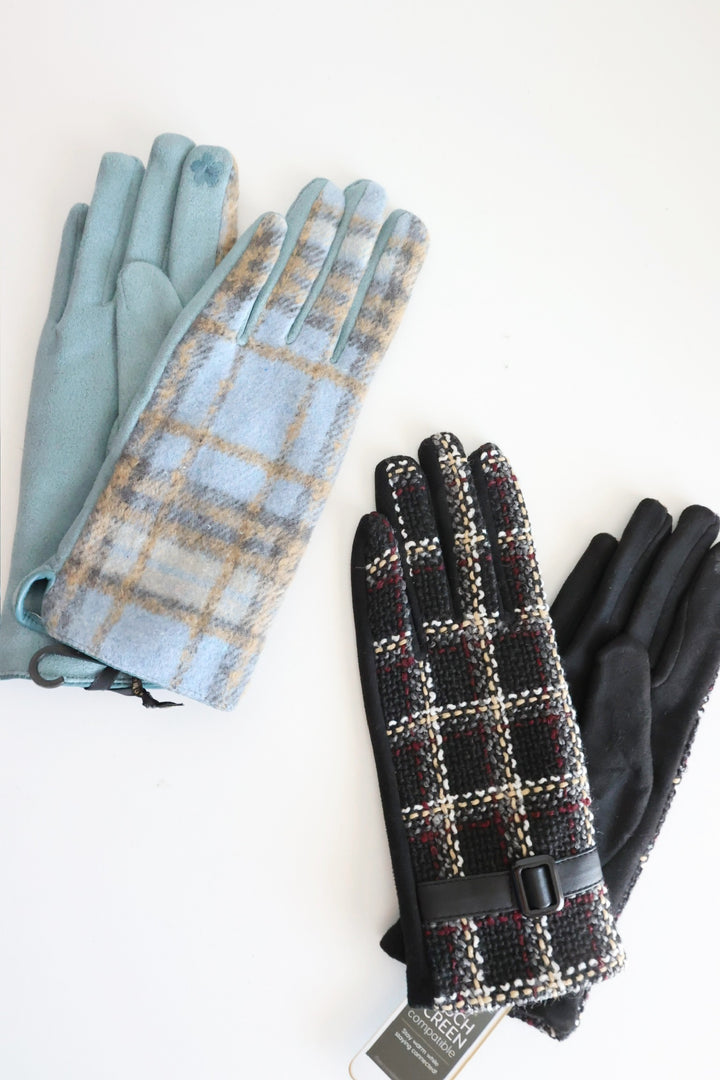 Belted Plaid Touchscreen Gloves - Black