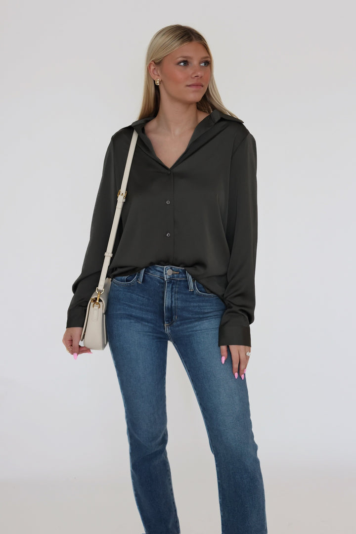 Lyza Satin Button Up- Dark Olive