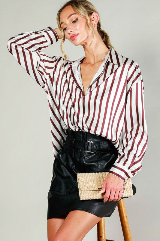 Maren Satin Button Down - Brown