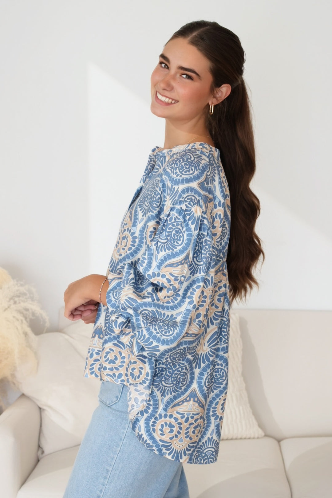 Nicely Done Blouse- Blue Damask