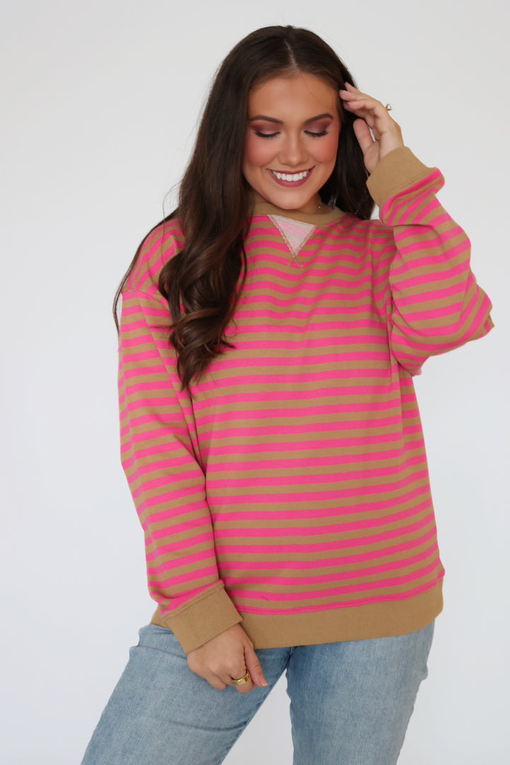 Sophia Stripe Pullover- Punch/Taupe