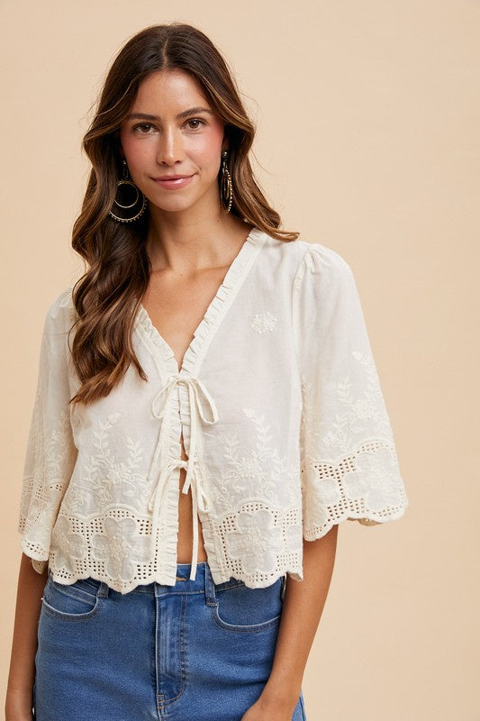 Daisy Tie Front Blouse- Ivory