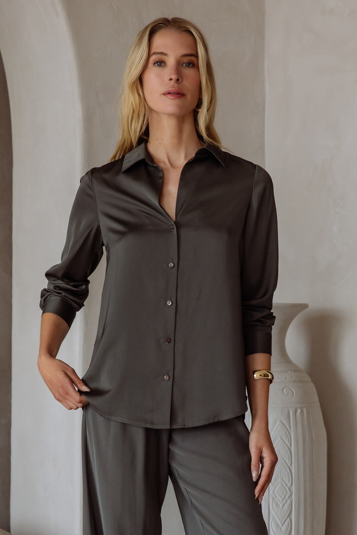 Lyza Satin Button Up- Dark Olive