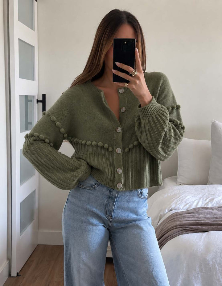 Pom Pom Cardigan- Olive