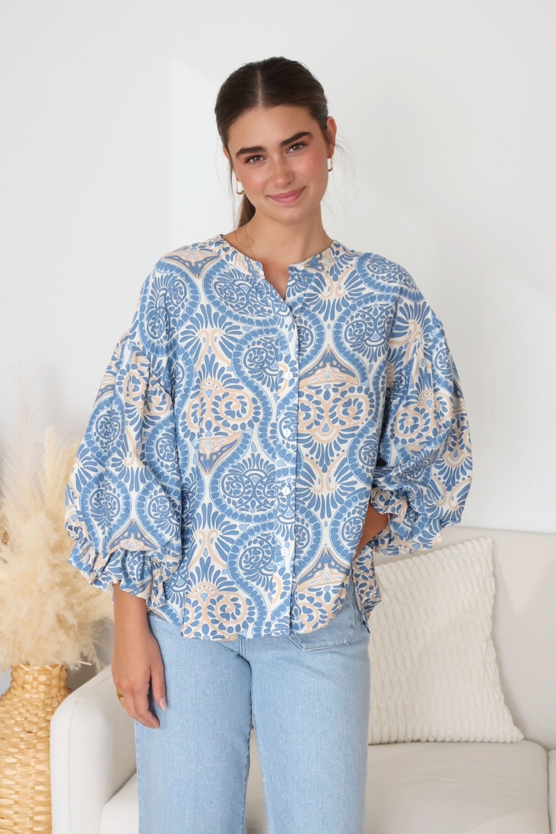 Nicely Done Blouse- Blue Damask