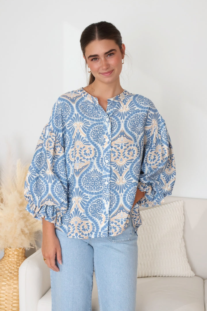 Nicely Done Blouse- Blue Damask