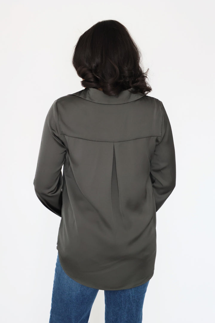 Lyza Satin Button Up- Dark Olive