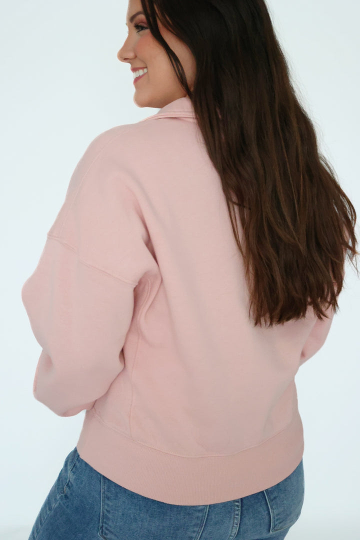 Sporty Half Zip Sweatshirt- Pink