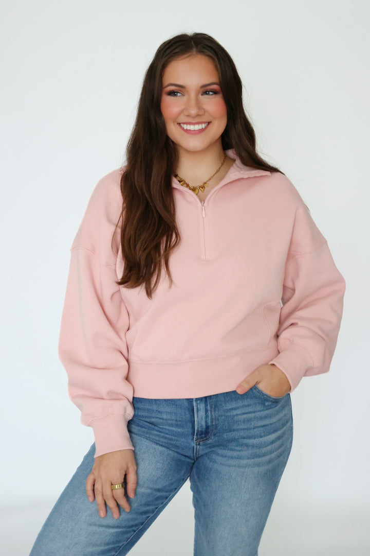 Sporty Half Zip Sweatshirt- Pink