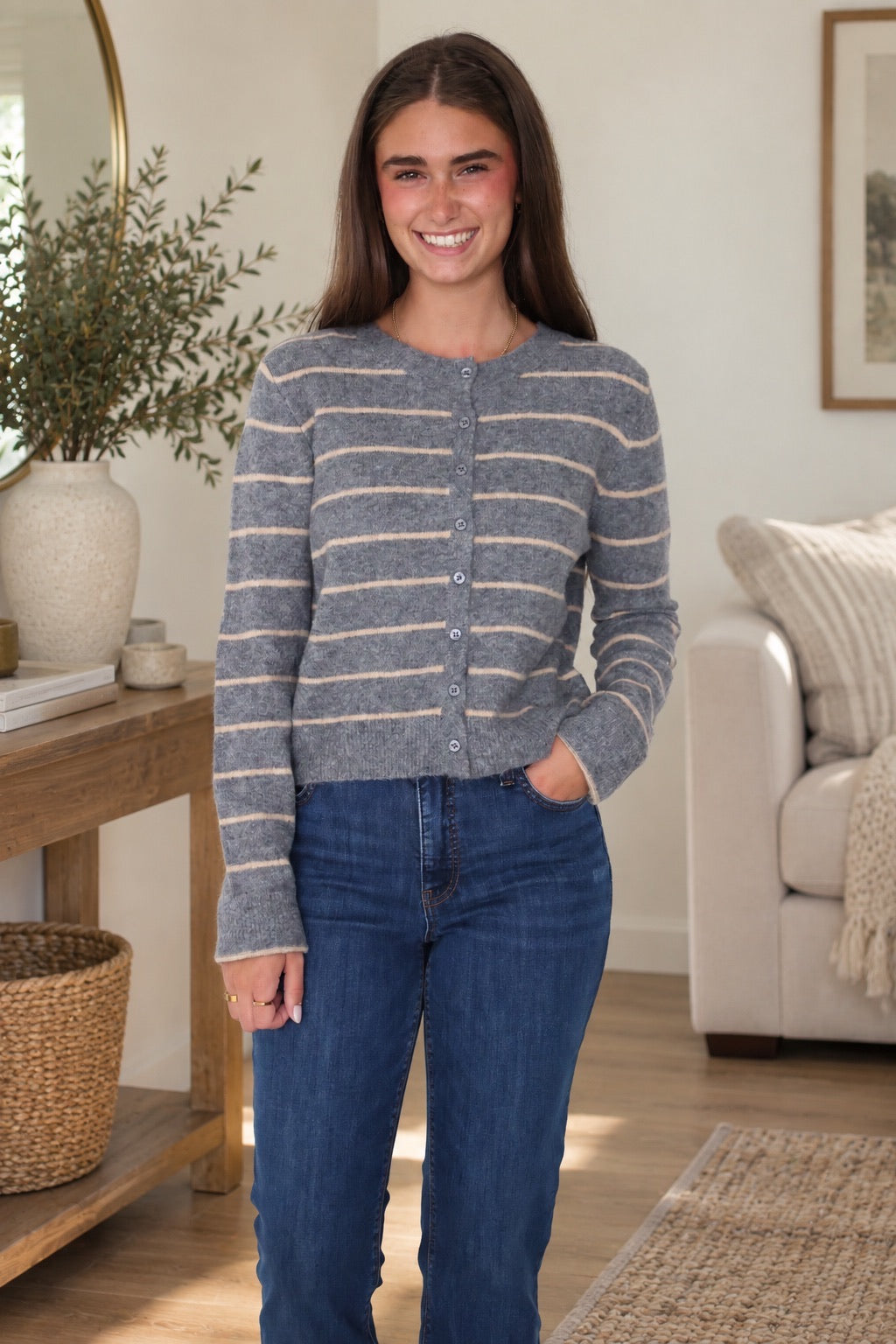 Medina Stripe Cardigan- Charcoal/Heather