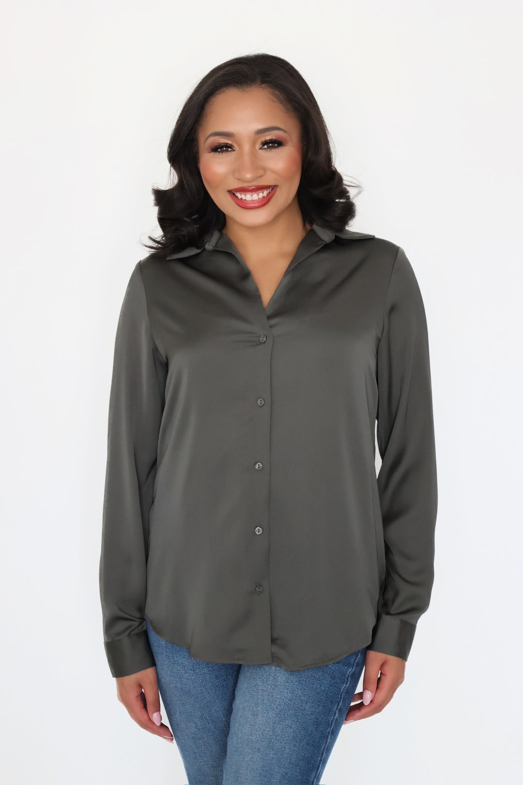 Lyza Satin Button Up- Dark Olive