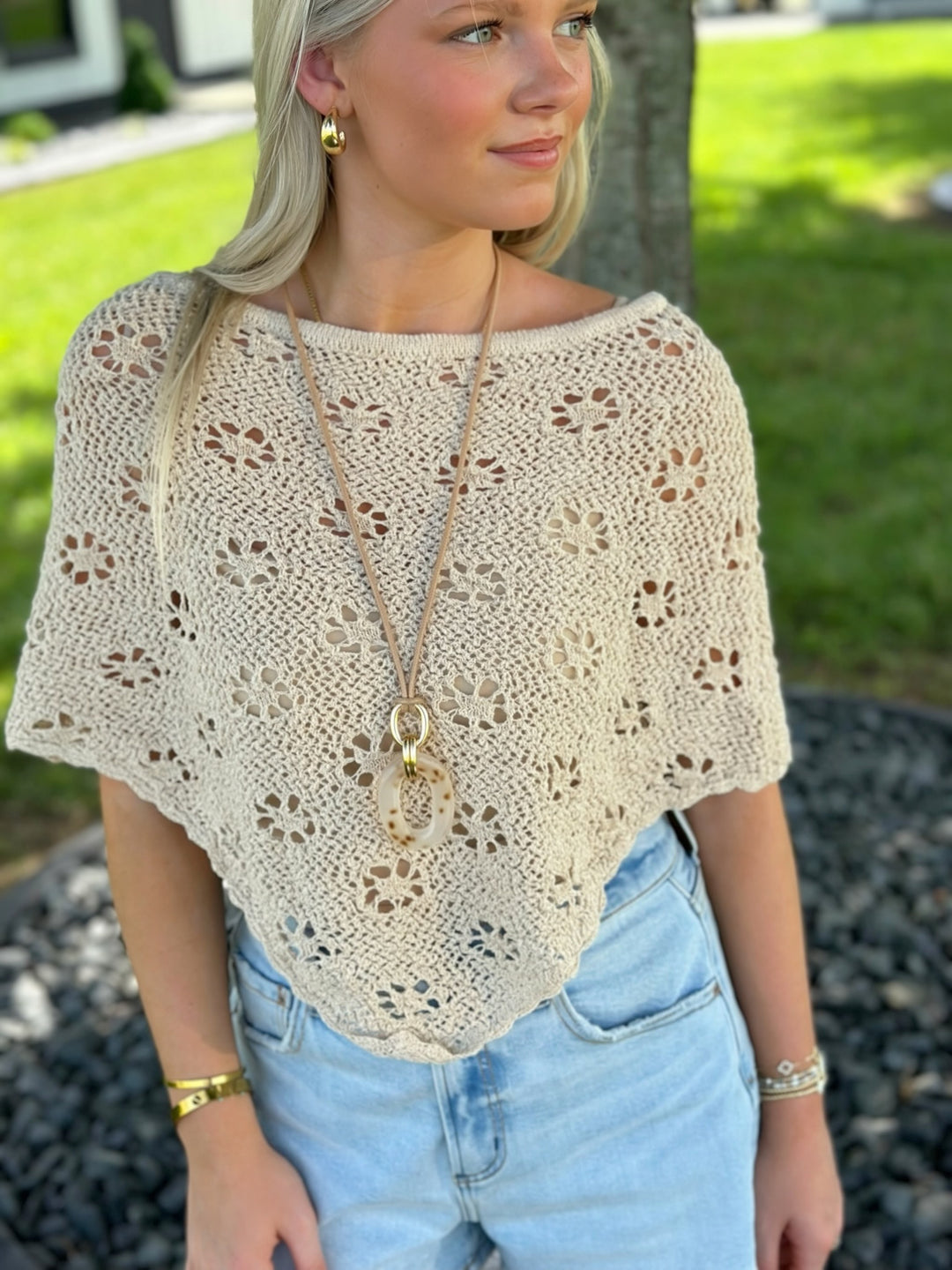 Openwork Poncho- Tan