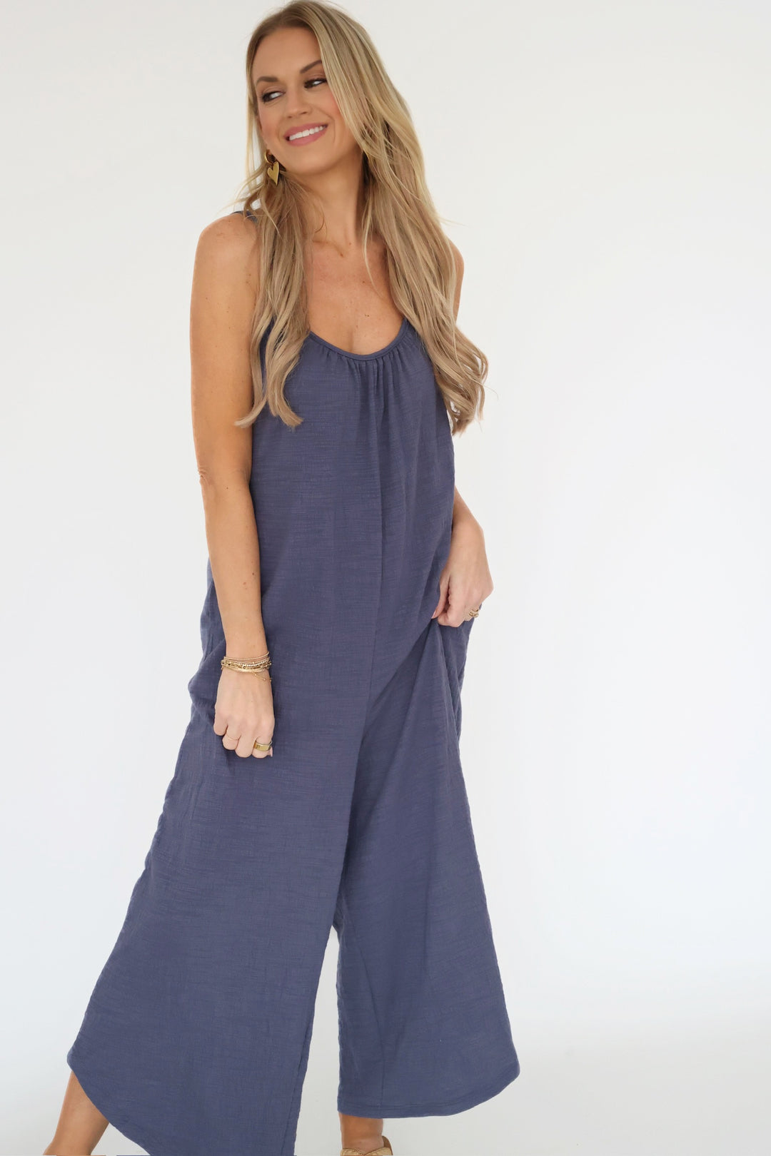 Textured Flared Jumpsuit - Worn Blue