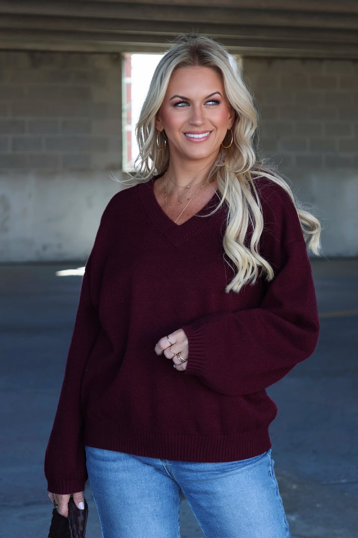 Erin V-Neck Sweater - Maroon
