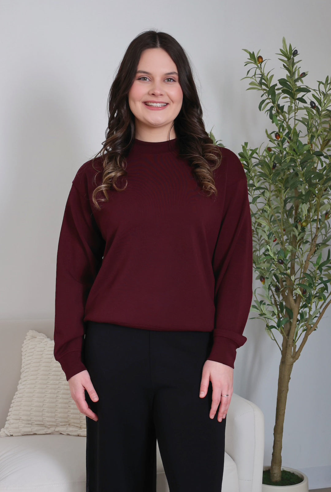 Scuba Mock Neck Pullover- Dark Cherry