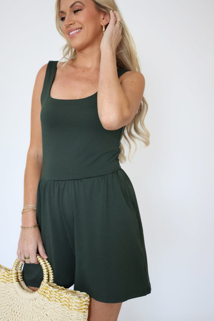 Camila Tank Romper - Dark Green