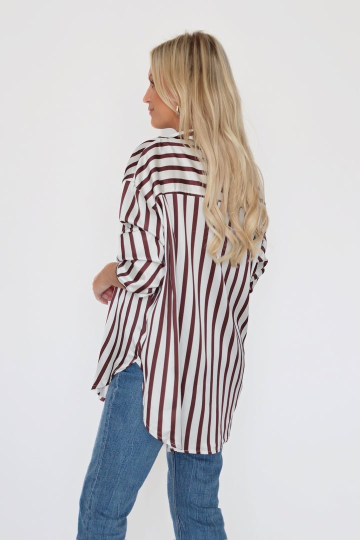 Maren Satin Button Down - Brown