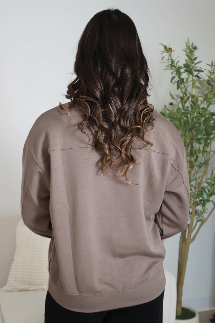Scuba Mock Neck Pullover- Mocha Cream