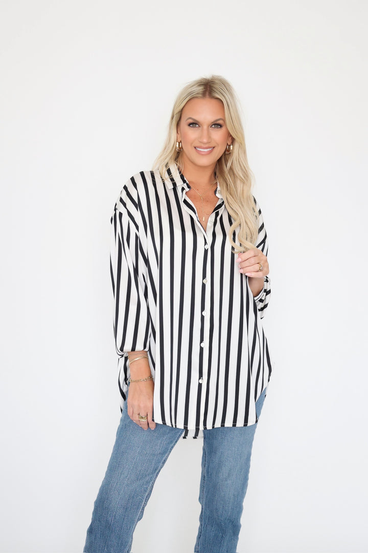 Maren Satin Button Down - Black