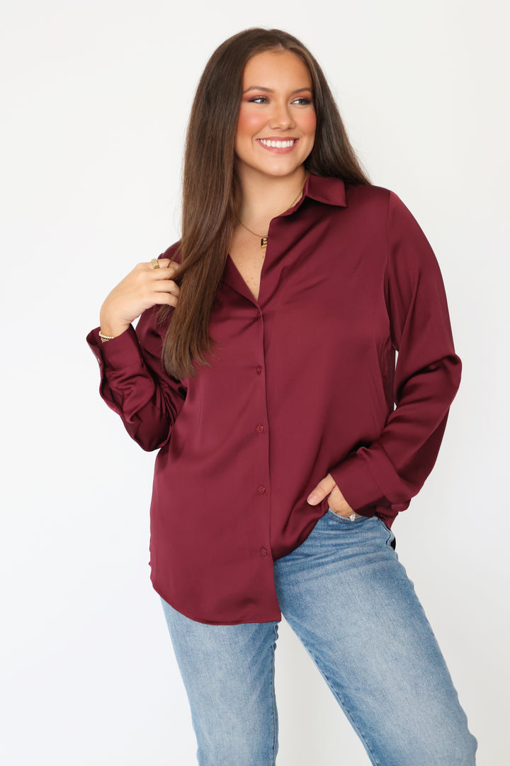 Lyza Satin Button Up- Plum