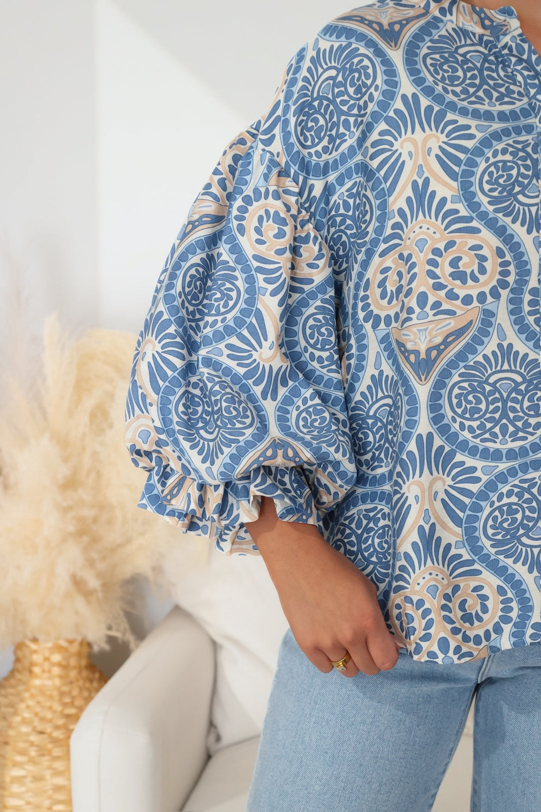 Nicely Done Blouse- Blue Damask