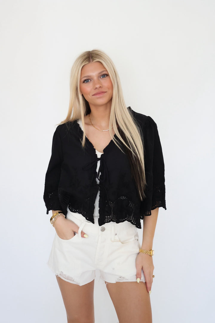 Daisy Tie Front Blouse- Black