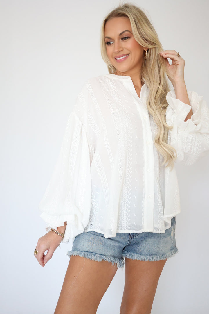 Nicely Done Blouse- White Eyelet
