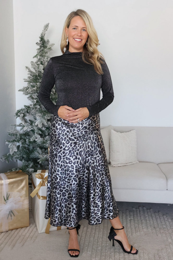 Aspen Satin Midi Skirt - Grey Leopard