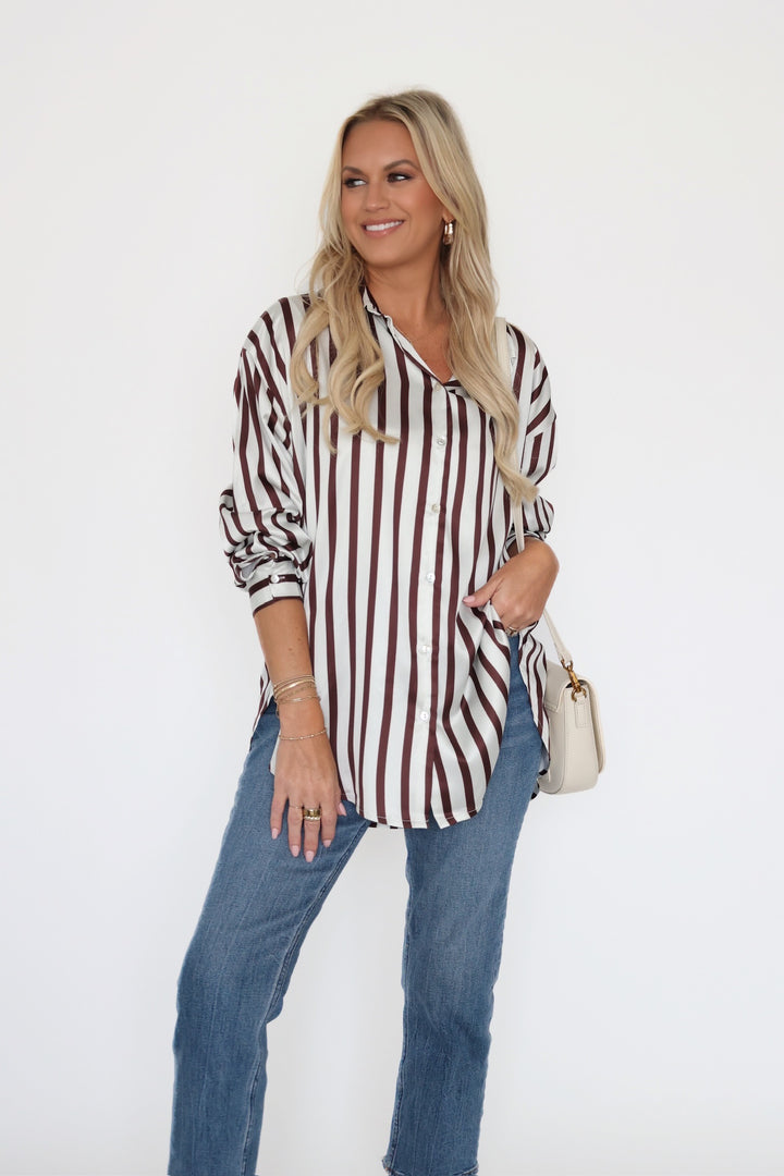 Maren Satin Button Down - Brown