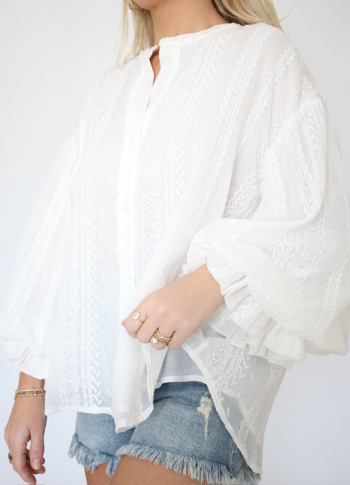 Nicely Done Blouse- White Eyelet