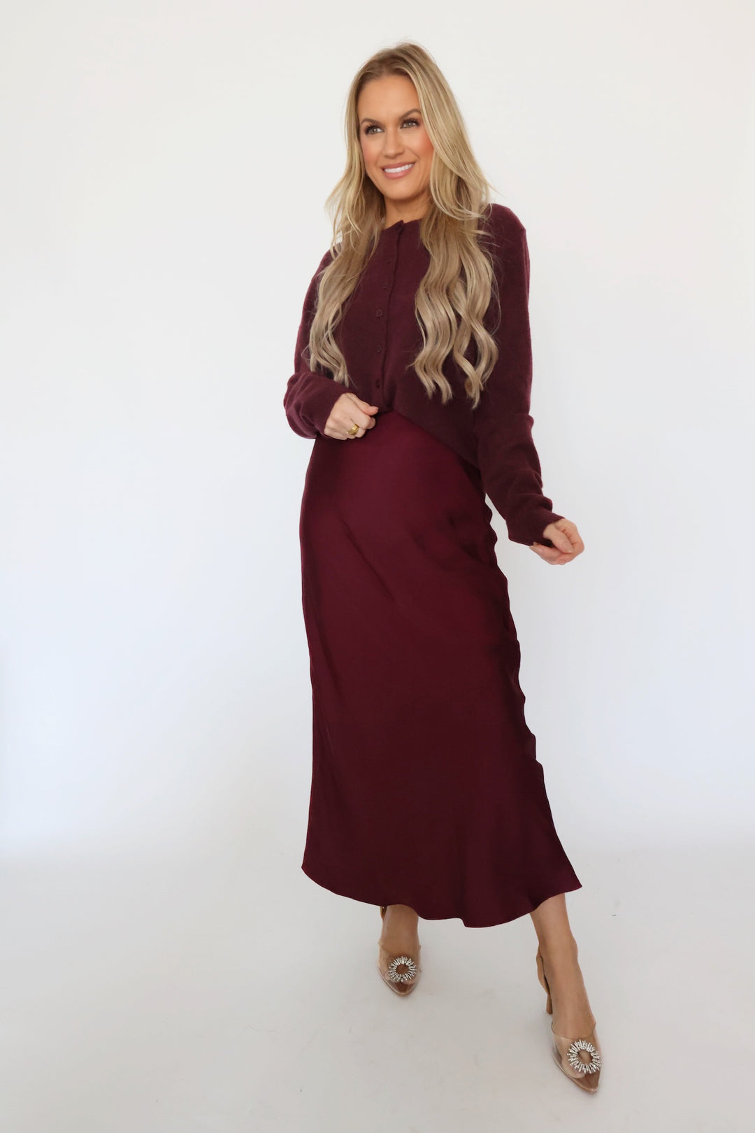 Europa Luxe Sheen Midi Skirt - Berry Wine