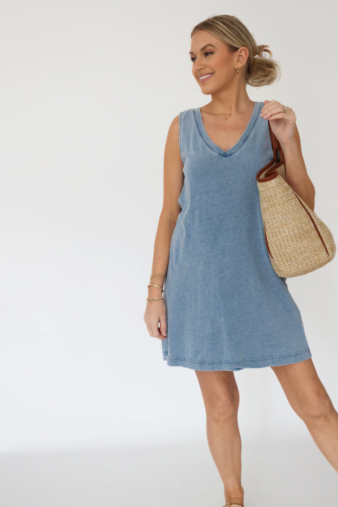 Sloane V-Neck Denim Mini Dress - Medium Indigo