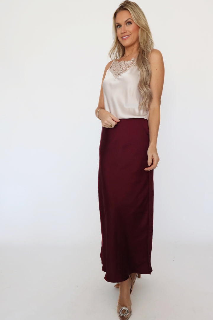 Europa Luxe Sheen Midi Skirt - Berry Wine