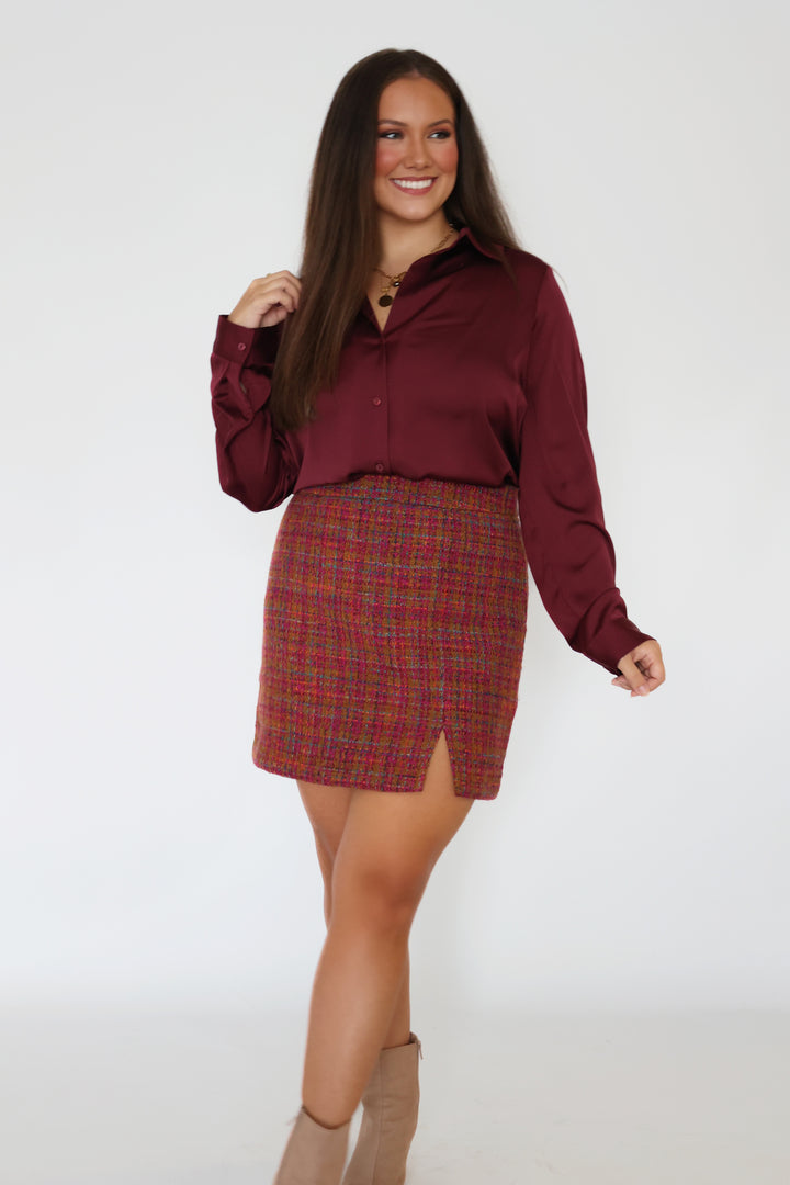 Lyza Satin Button Up- Plum