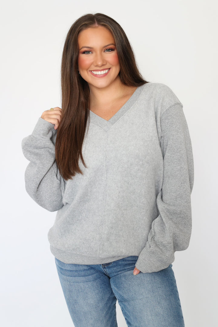 Off The Clock Cozy V-Neck Sweatshirt - Heather Grey